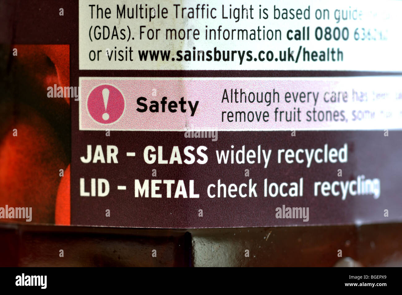 Recycling information on Sainsbury`s jam jar label Stock Photo Alamy